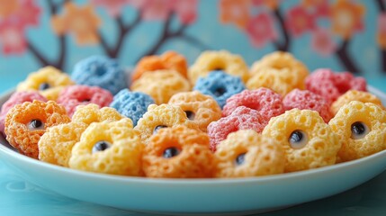 This enticing image features a plate filled with an assortment of pastel-hued donuts, each uniquely decorated, creating a feast for the eyes and an invitation to treat oneself.