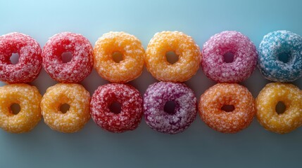 A visually appealing arrangement of colorful, sugary donuts resembles sweet confections, inviting indulgence and joy, perfect for whimsical and festive settings.