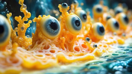 A surreal and imaginative representation of vibrant, eyeball-like structures rising from a colorful background, evoking a sense of wonder and creativity in abstract art.