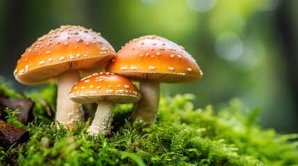 This enchanting image features three vibrant orange mushrooms growing amidst soft green moss, representing nature's beauty, tranquility, and the intricate ecosystem of forest life.