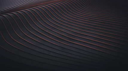 Futuristic dark background with glowing orange lines between sleek black undulating waves for high-tech design