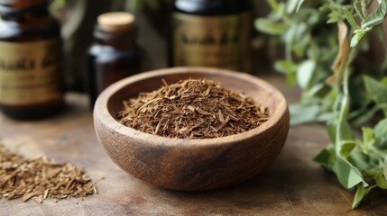 A rustic wooden bowl filled with finely shredded natural herbs evokes a sense of wellness, nature, and holistic living, highlighting the essence of organic ingredients in our lifestyle.