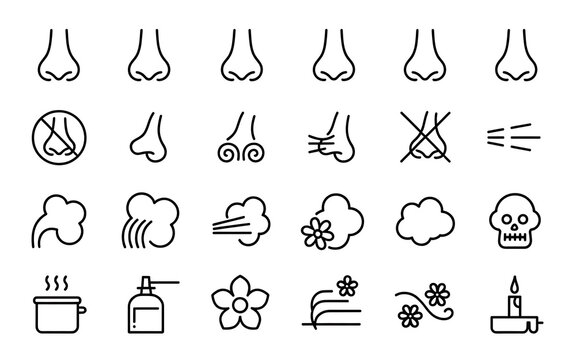 Detailed line icon set representing the sense of smell with various nose shapes and fragrance sources for medical use