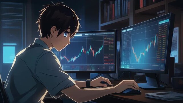 Young man analyzing financial data on two computer screens in a dimly lit room at night, possibly for investment or trading