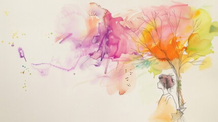 This whimsical watercolor art combines a vibrant tree and colorful abstract background, inspiring imagination and creativity, ideal for uplifting artistic expressions.