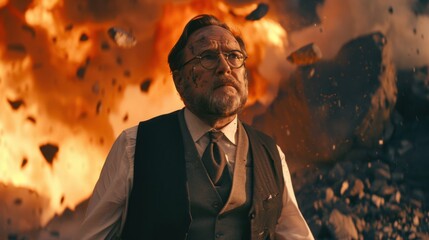 A powerful cinematic shot captures a man amidst explosive debris, encapsulating a sense of drama and tension in a visually striking narrative of resilience and confrontation.