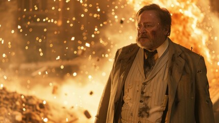 A gripping scene of a man standing defiantly in an explosive backdrop, visually portraying a moment of crisis, strength, and dramatic storytelling in a perilous environment.
