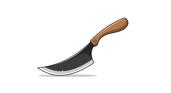 Single hand knife with a large curved black blade and a brown wooden handle isolated on a plain white background.