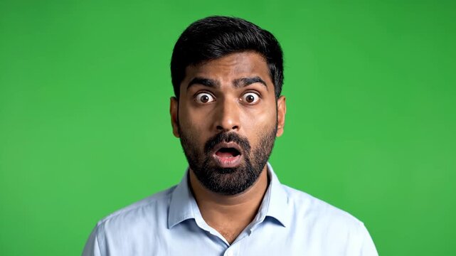 Young man with shocked expression holding blank white sign in front of green background for advertising or promotional use
