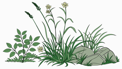 Fototapeta premium Botanical Illustration of Wild Plants and Rocks.