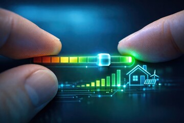 Sustainable business perspective strategies concept. Digital interface showing energy efficiency with fingers adjusting a slider.