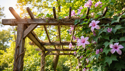 Wooden trellis with blooming clematis in a sunny garden