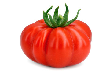 ribbed ripe beefsteak tomato isolated on white background, single fresh wrinkled tomato variety