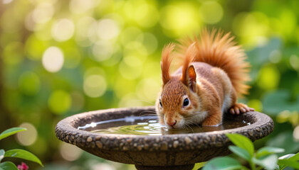 Squirrel drinking from birdbath in a sunny garden, with copy space