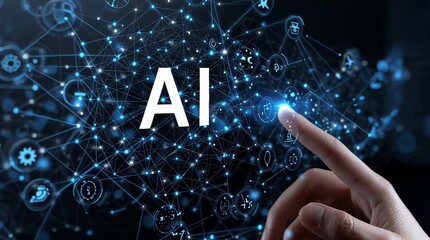 Futuristic AI Network Connection Hand Touching Artificial Intelligence Digital Technology Data Visualization Big Data Machine Learning Innovation Future Tech Concept Stock Video Footage - Powered by Adobe