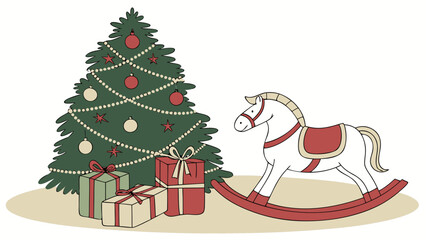 Fototapeta premium Christmas Tree and Rocking Horse Illustration for Holiday Season.