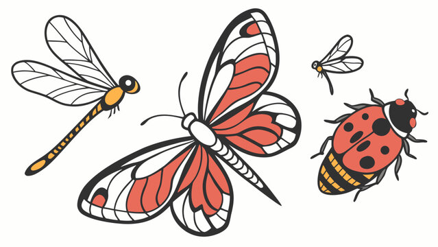Colorful Insect Collection Dragonfly Butterfly and Ladybug Illustration.
