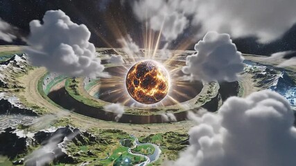 A cosmic scene featuring a glowing planet surrounded by clouds and a fantastical landscape