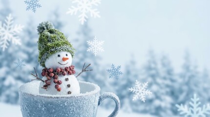 Fototapeta premium Surreal snowman in a cup celebrating winter silliness cozy snowy landscape whimsical scene playful atmosphere unique holiday decoration