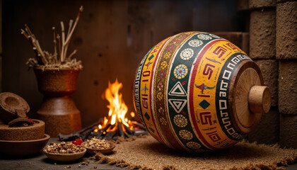Ritual drum with painted symbols beside a fire in a cozy setting