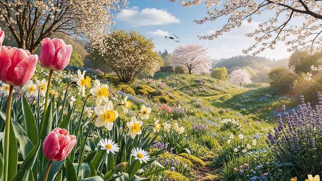A vibrant landscape filled with blooming flowers