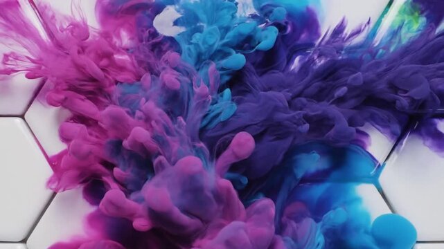 Vibrant Colorful Splashes of Ink or Paint on White Hexagonal Tile Background for Creative Artistic Expressions