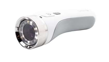 Angled view of a handheld dermatoscope highlighting its ergonomic grip and lens detail against a bright seamless white background.