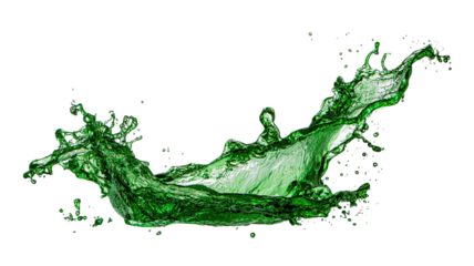 A fresh green water splash with transparent liquid drops and bubbles creates a clean motion wave isolated on a white background