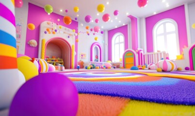 Colorful childrens playroom interior with rainbow floor and bright decorations