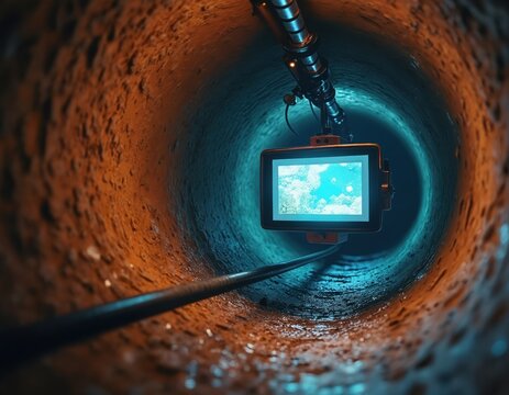 Sewer inspection camera descends into pipe with monitor. Tech hidden infrastructure inside drain. System assessment, underground exploration. Pipe condition, repair, solution, maintenance for