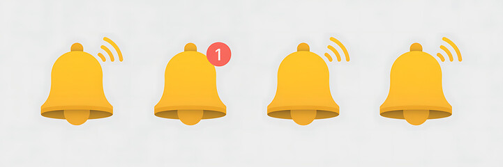 Row of Yellow 3D Bell Icons for App Notifications and New Message Alerts with Badge Number