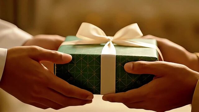 Close-up of hands exchanging a beautifully wrapped gift box, symbolizing generosity and celebration.