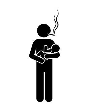 Stickman Smoking While Holding a Baby, Passive Smoking and Child Health Risk Concept Vector Illustration.