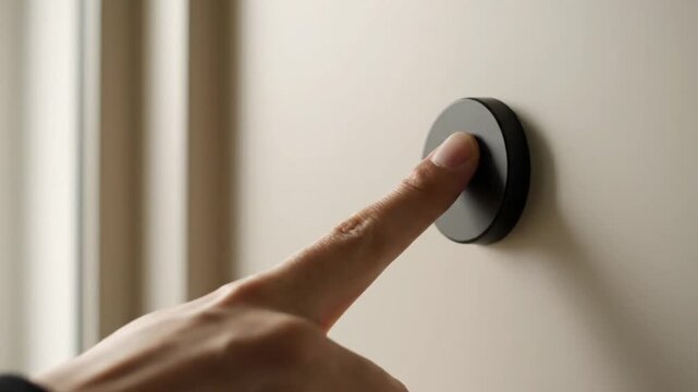 A finger presses a modern black doorbell on a wall, indicating a moment of arrival or a request for attention