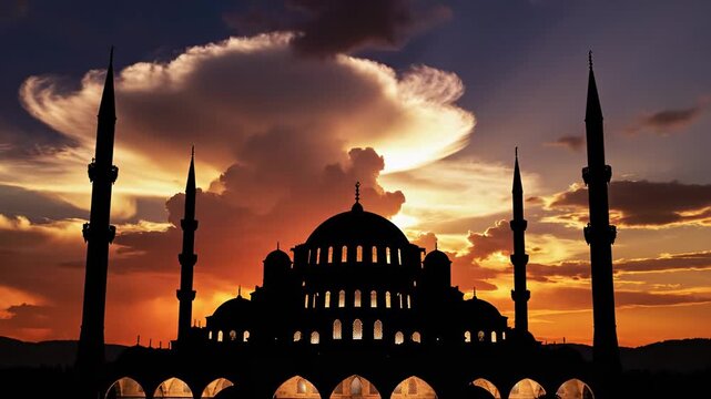 Silhouette of a mosque against a dramatic sunset sky at dusk