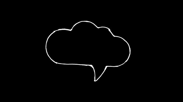 Animated white hand-drawn cloud speech bubble doodle, minimalist dialogue icon on black background, creative sketching motion graphic for storytelling, communication element.
