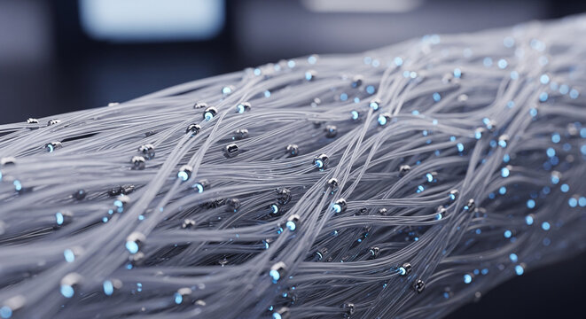 A close-up, microscopic view of interconnected white fibers or nanotubes with glowing blue light nodes at the connection points