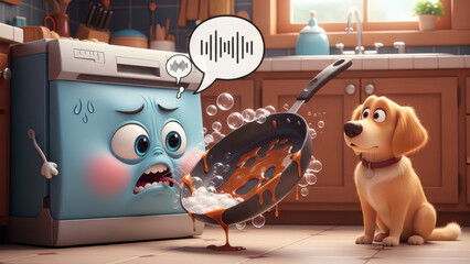 A cartoon dishwasher with a worried face struggles to clean a greasy frying pan as a curious dog watches in the kitchen.