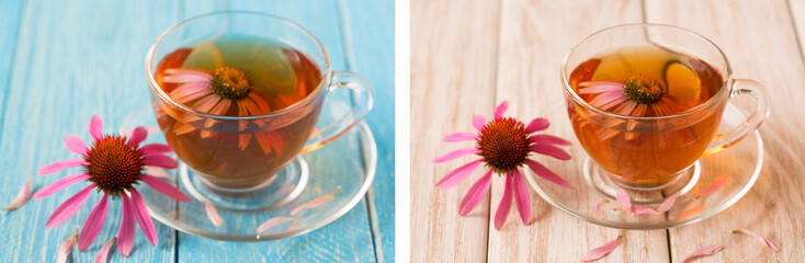 Cup of echinacea tea on blue and white wooden background