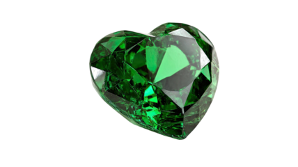 A brilliant heart shaped green diamond gemstone sits as a precious luxury jewel, reflecting a shiny emerald glow like a 3d crystal gift of wealth isolated against a white background