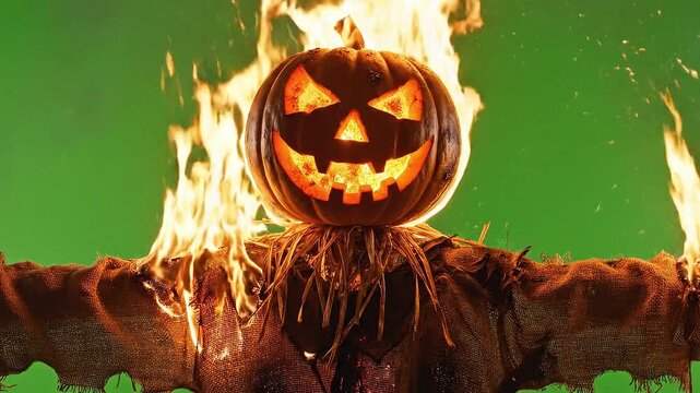A flaming pumpkin scarecrow with a mischievous grin