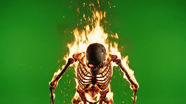 A flaming skeleton emerges against a green backdrop