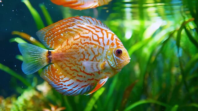 Colorful tropical freshwater discus fish swim gracefully in a lush green aquarium environment with bright natural lighting
