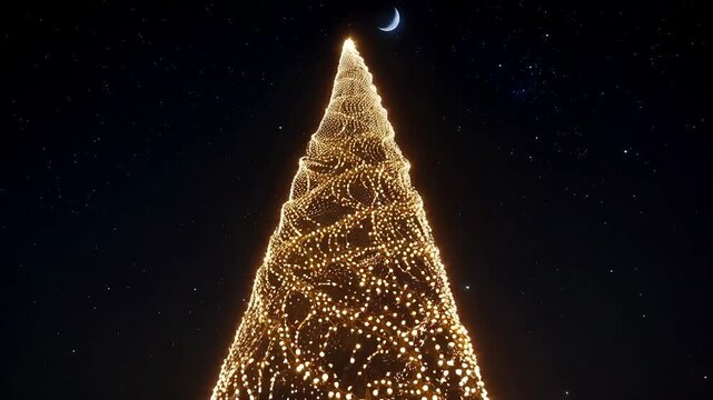 A brightly lit Christmas tree stands tall under a starry night sky with a crescent moon shining above, symbolizing festive holiday celebrations
