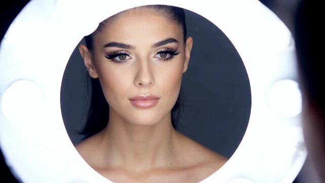 Beautiful young European woman posing with professional makeup and ring light illumination for beauty portrait session