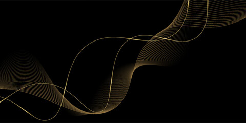 Abstract Gold Waves Design. Shiny golden moving lines design element with glitter effect on dark background for Business card.
