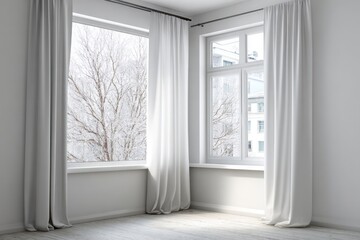 Fototapeta premium Interior with white curtains frames a serene winter tree view.