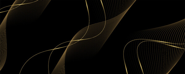 Abstract Gold Waves Design. Shiny golden moving lines design element with glitter effect on dark background for Business card.