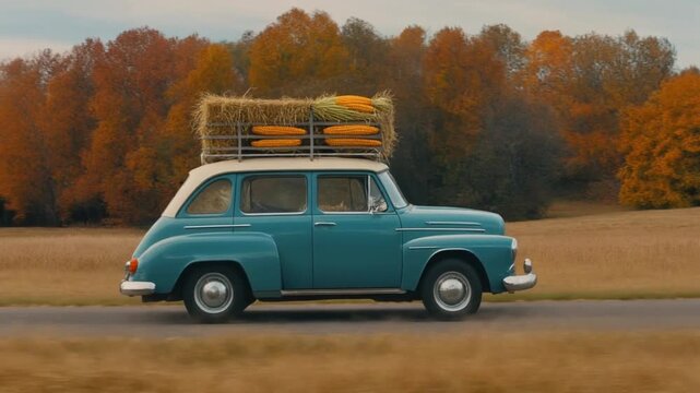 Vintage car driving through autumn landscape with hay