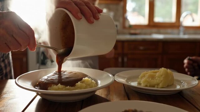 Chef pouring rich chocolate sauce over mashed potatoes in rustic kitchen with natural sunlight streaming through wooden windows